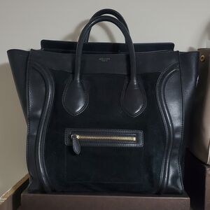 Authentic Celine Paris Black suede leather Luggage Tote bag